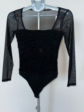 Abercrombie & Fitch Black Ruched Mesh Long Sleeve Bodysuit Small